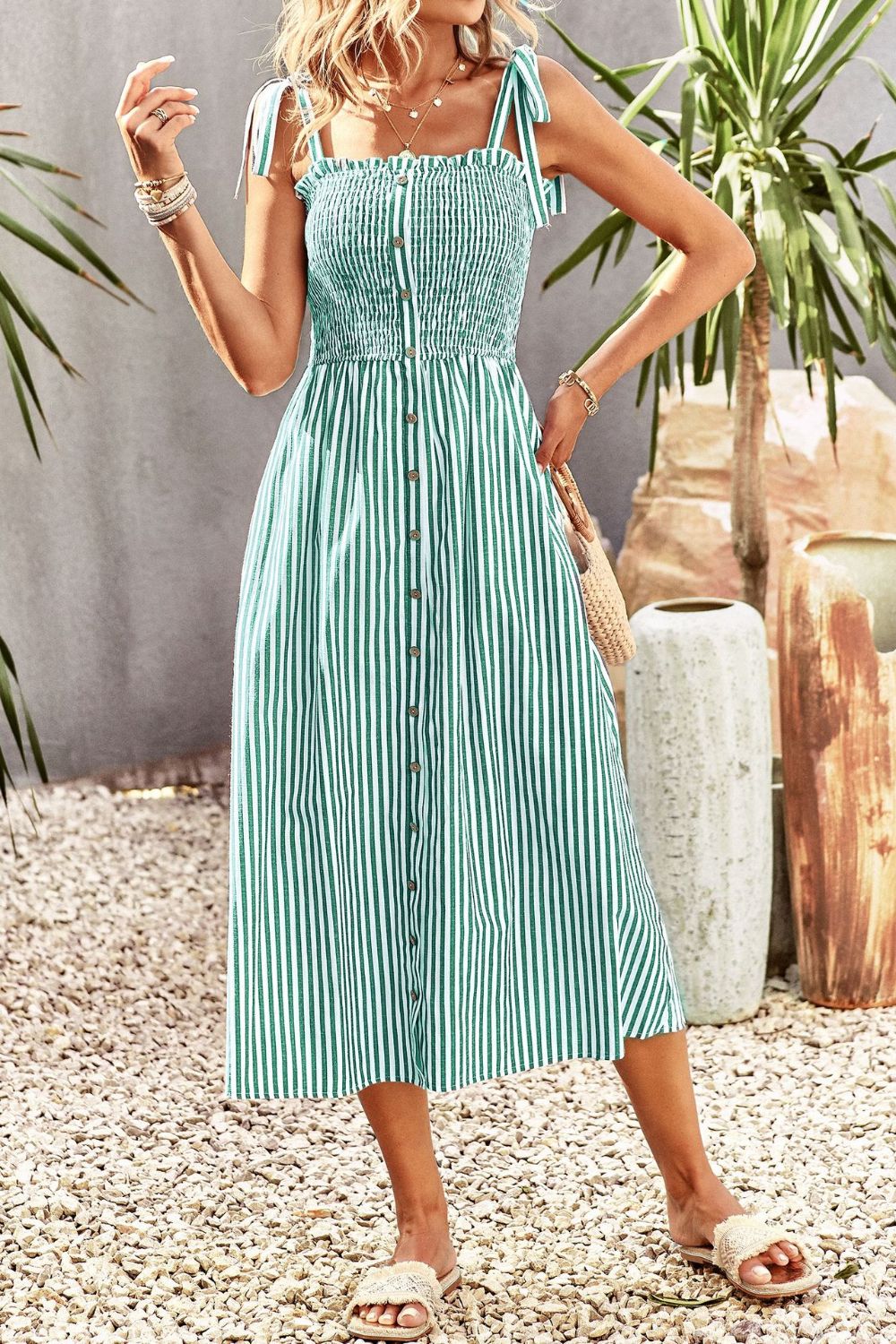 Smocked Tie Strap Sleeveless Striped Midi Dress Sunset and Swim Mid Green S 