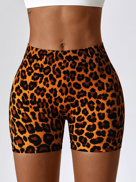 Leopard Print Wide Waistband Sports Shorts  Sunset and Swim Caramel S 