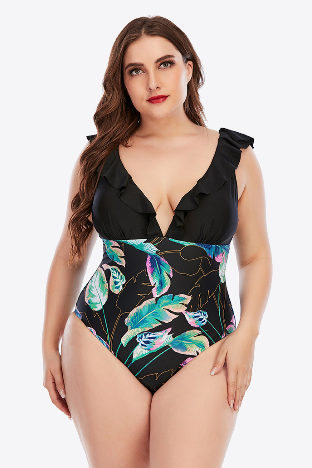 Plus Size Printed Ruffled Deep V One-Piece Swimsuit  Sunset and Swim   