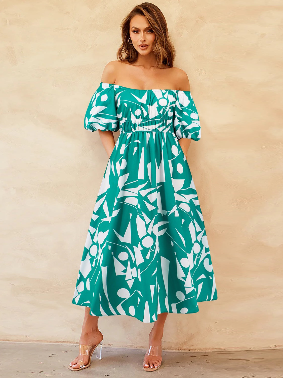 Sunset Vacation  Printed Off-Shoulder Balloon Sleeve Dress Sunset and Swim Turquoise S 