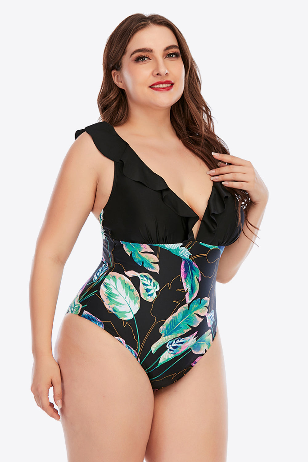 Plus Size Printed Ruffled Deep V One-Piece Swimsuit  Sunset and Swim   