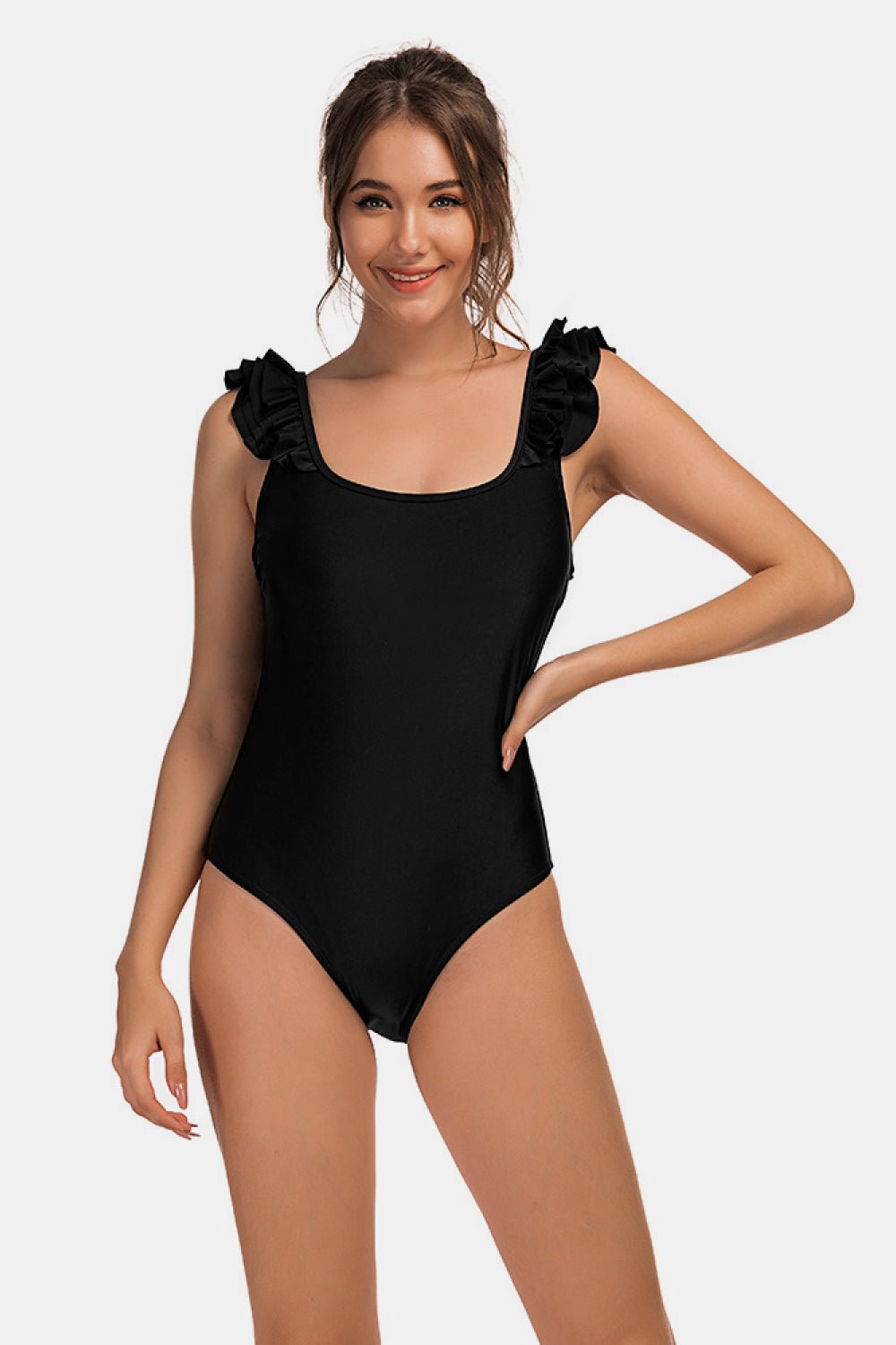 Devon Plus Size Run Ruffle Shoulder One-Piece Swimsuit Plus Size  Sunset and Swim Black S 