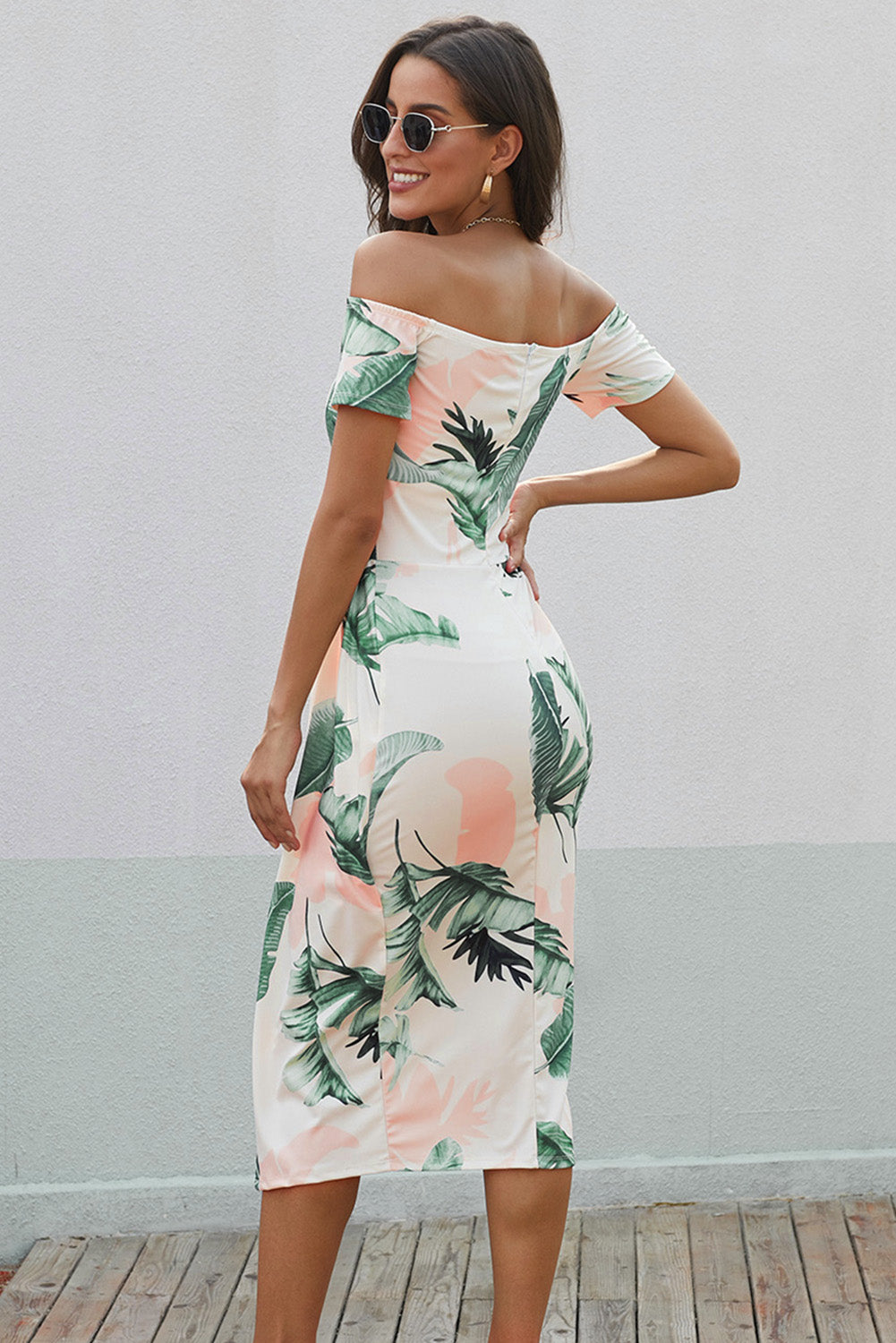 Printed Off-Shoulder Split Dress  Sunset and Swim   