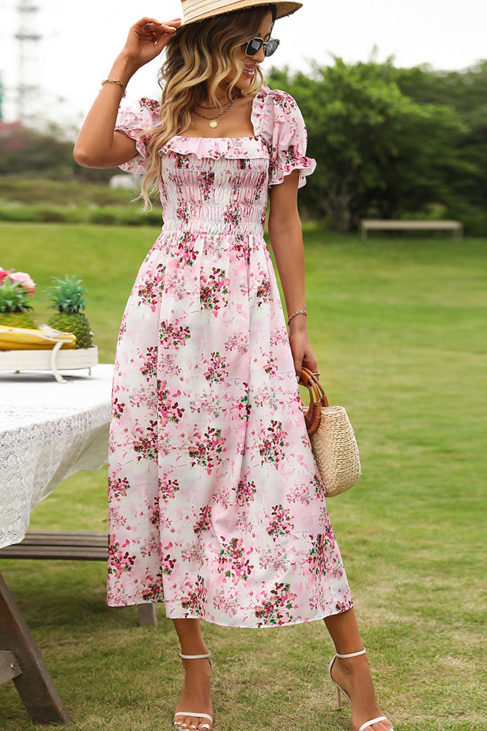 Floral Square Neck Flounce Sleeve Midi Dress  Sunset and Swim Floral XS 