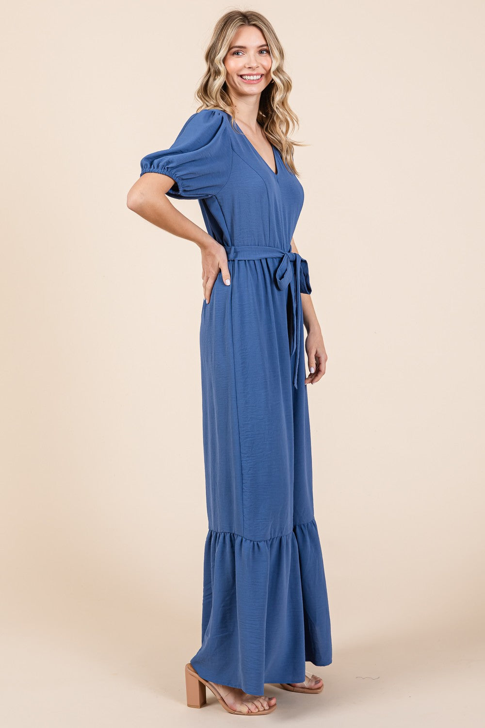 Sunset Vacation  GeeGee Full Size V-Neck Belted Wide Leg Jumpsuit Sunset and Swim   
