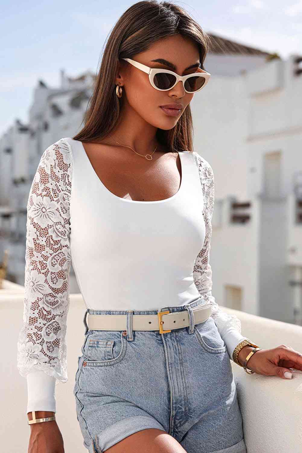 Lace Detail Scoop Neck Long Sleeve Bodysuit  Sunset and Swim   