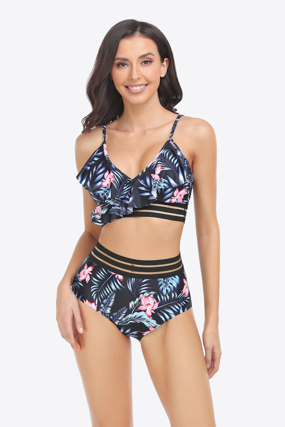 Ruffled Plunge High Waist Bikini Set  Sunset and Swim Floral S 