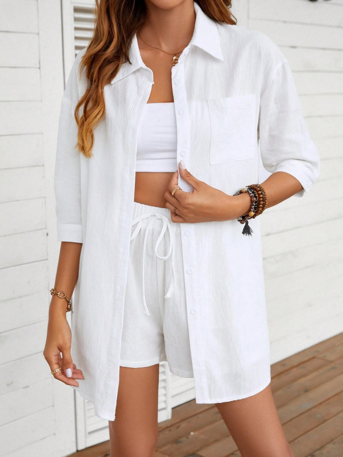 Sunset Vacation  Dropped Shoulder Button Up Shirt and Shorts Set Sunset and Swim White S 