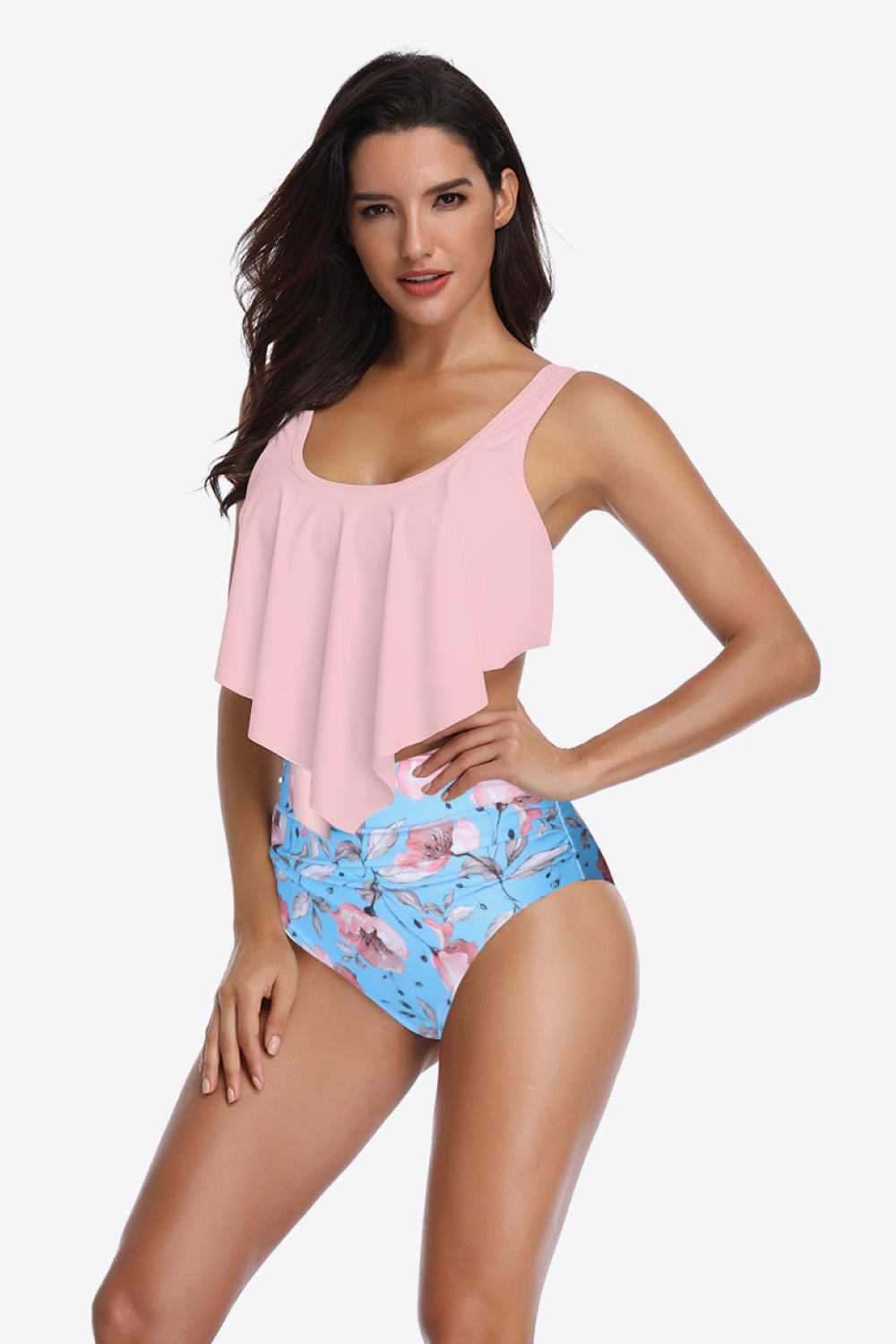 Two-Tone Ruffled Two-Piece Swimsuit Sunset and Swim Blush Pink S 