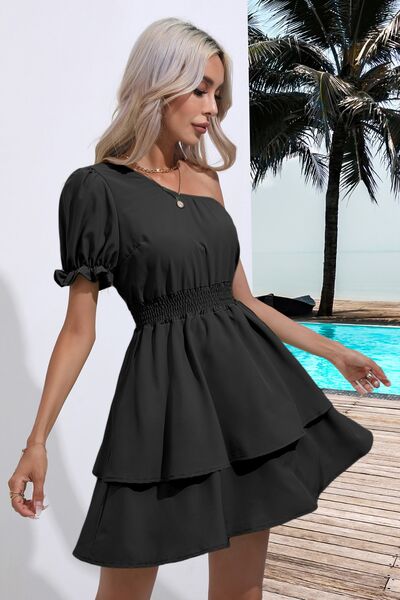 Layered Single Shoulder Flounce Sleeve Mini Dress Sunset and Swim   