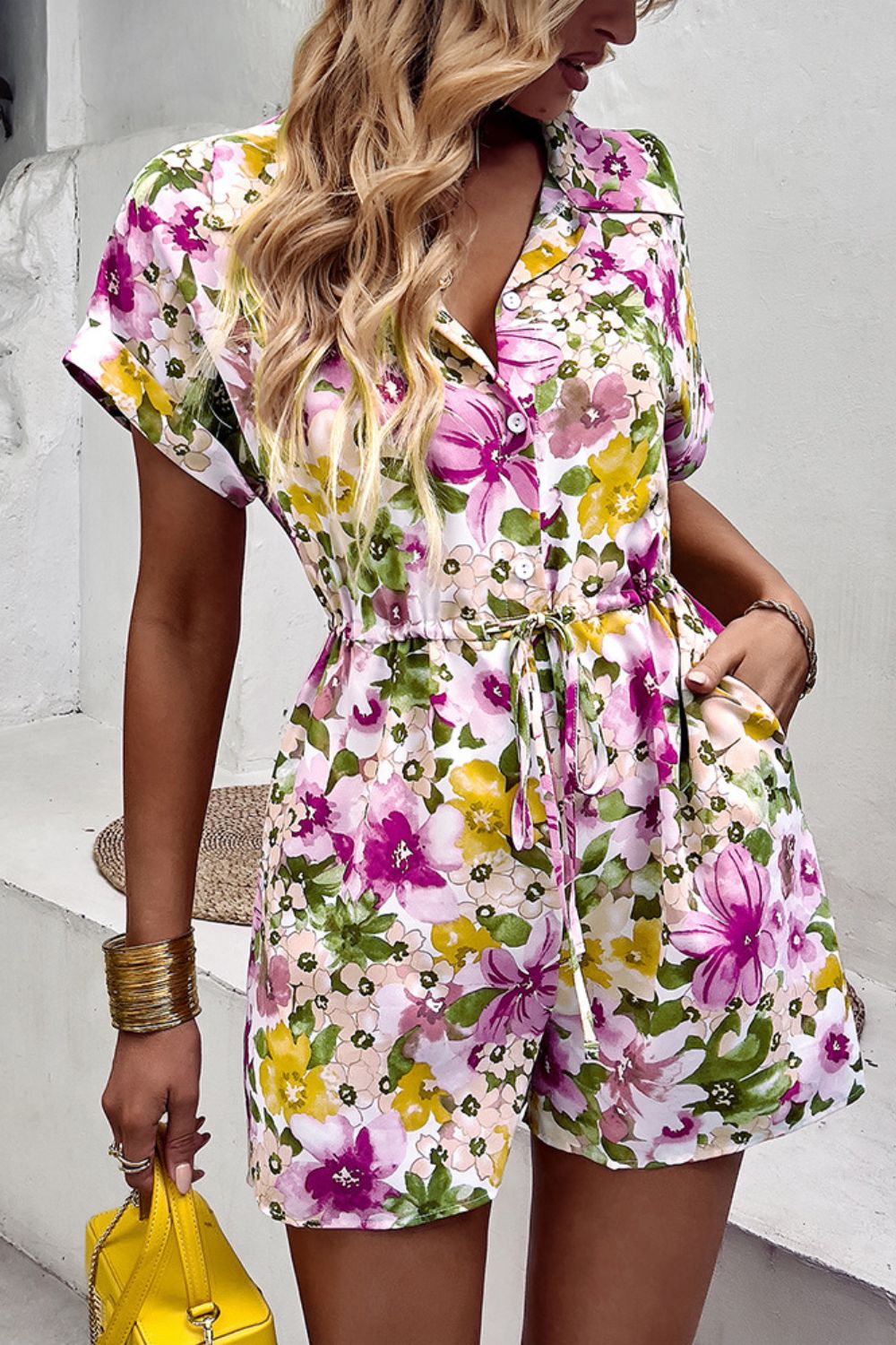 Floral Drawstring Lapel Collar Romper with Pockets Playsuit  Sunset and Swim   