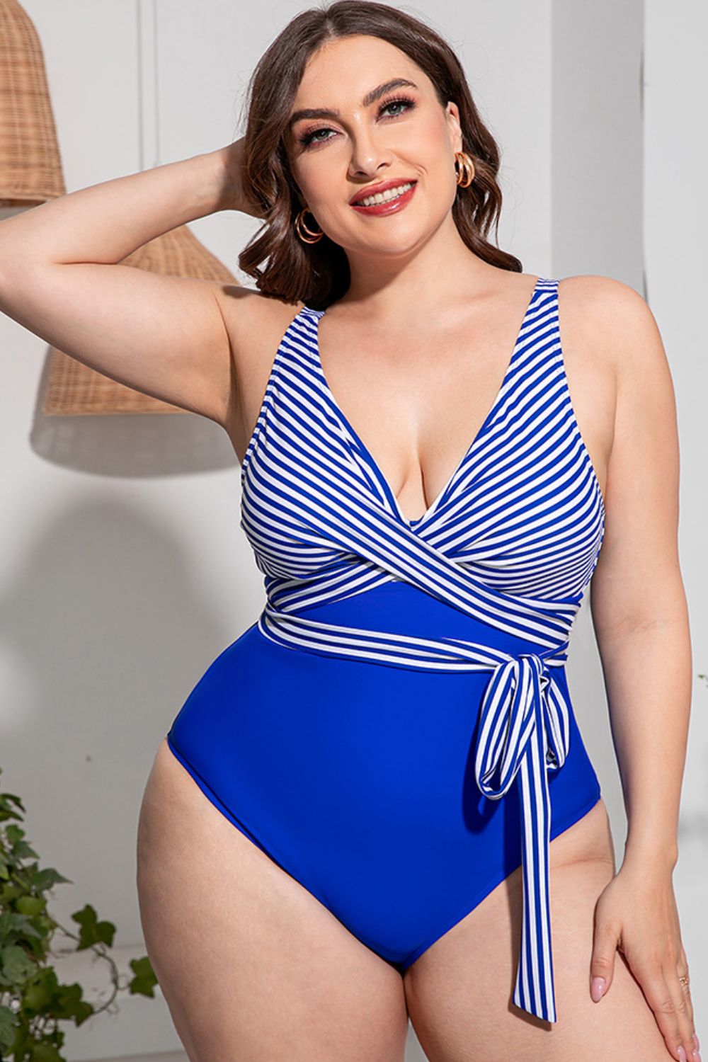 Plus Size Striped Tie-Waist One-Piece DD+ Swimsuit  Sunset and Swim Blue L 