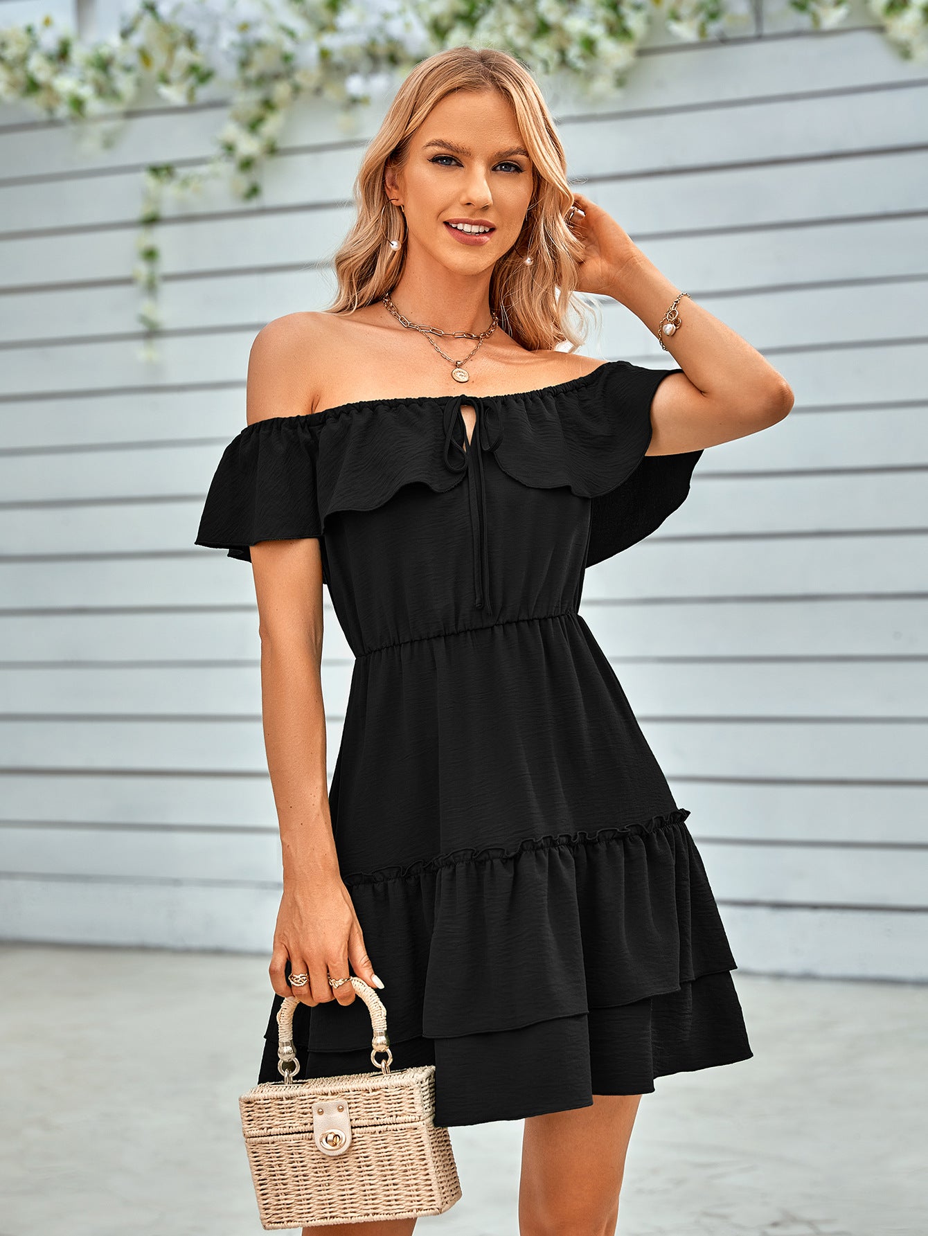 Ruffled Off-Shoulder Tied Dress  Sunset and Swim Black S 