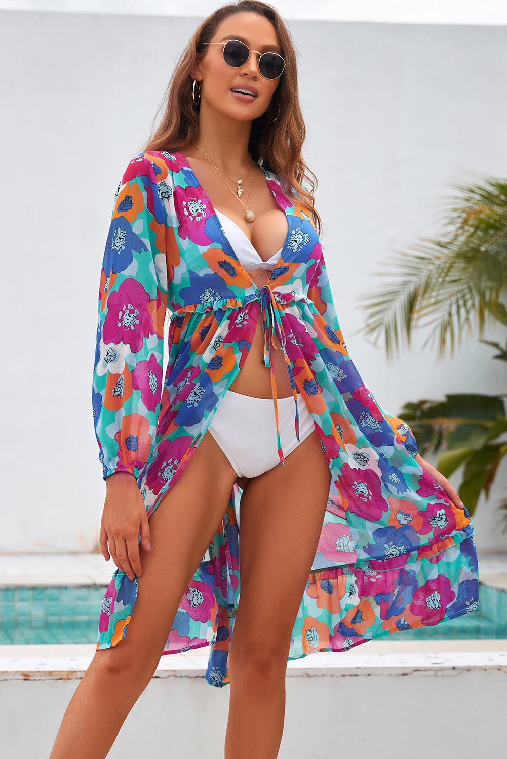 Printed Long Sleeve Tie Front Cover Up  Sunset and Swim   