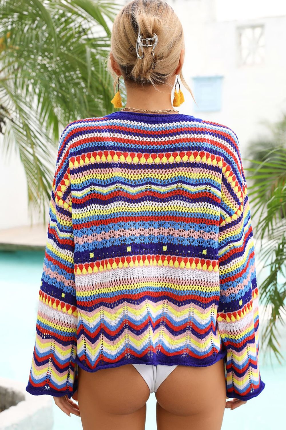 Multicolored Crochet Cover Up Top Stripe Round Neck Coverup  Sunset and Swim   