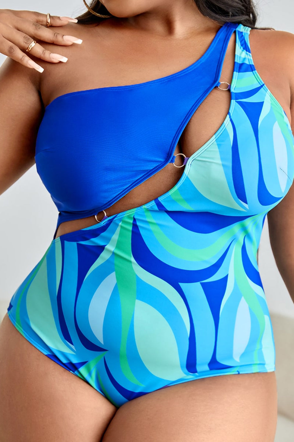 Plus Size Printed Ring Detail One-Shoulder One-Piece Swimsuit  Sunset and Swim   