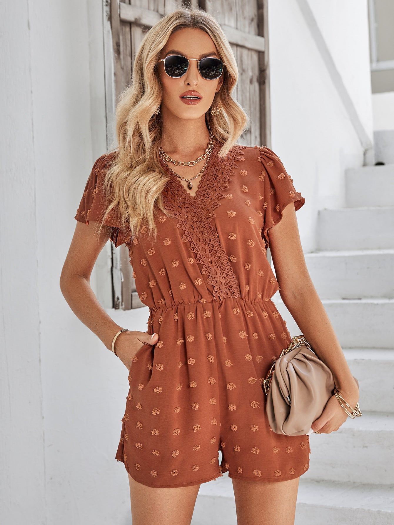 Swiss Dot Lace Trim Flutter Sleeve Romper with Pockets Playsuit  Sunset and Swim   