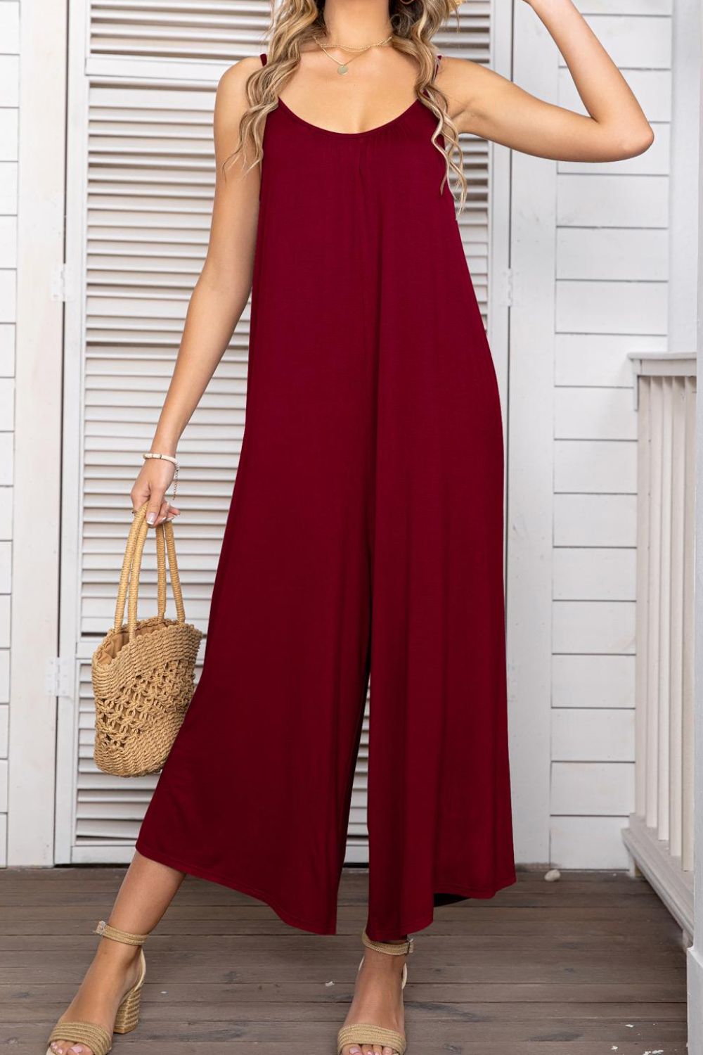 Spaghetti Strap Scoop Neck Jumpsuit  Sunset and Swim Deep Red S 