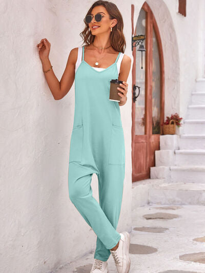 Sunset Vacation  Spaghetti Strap Jumpsuit with Pockets Sunset and Swim Tiffany Blue S 