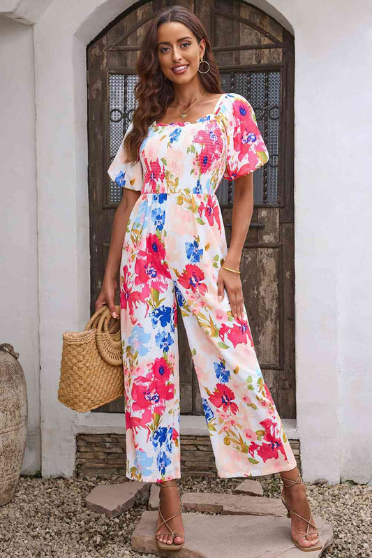 Floral Smocked Square Neck Jumpsuit Sunset and Swim Multicolor M 
