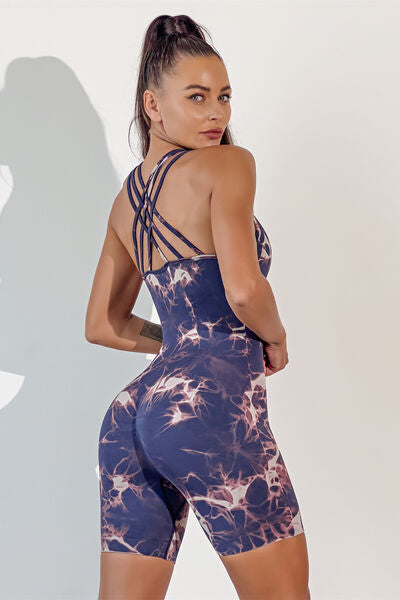 Printed Crisscross Wide Strap Active Romper  Sunset and Swim   