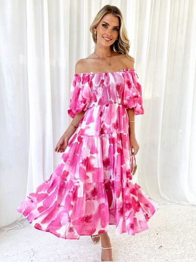 Printed Smocked Off-Shoulder Tiered Dress Sunset and Swim Hot Pink S 