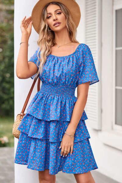 Floral Smocked Short Sleeve Layered Dress Sunset and Swim   