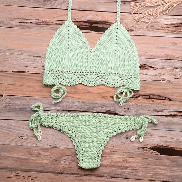 Elle Knitted Crochet Bikini  Sunset and Swim Grass Green S 