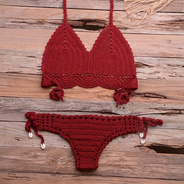 Elle Knitted Crochet Bikini  Sunset and Swim Wine Red XL 
