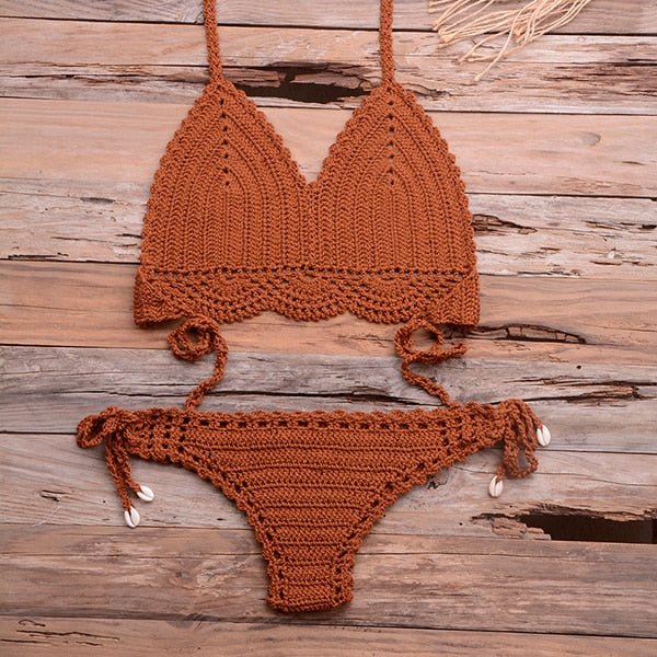 Elle Knitted Crochet Bikini  Sunset and Swim Brown S 