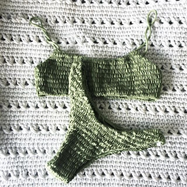 Elle Ruffled Crochet Sexy Bikini Set Sunset and Swim Green S 