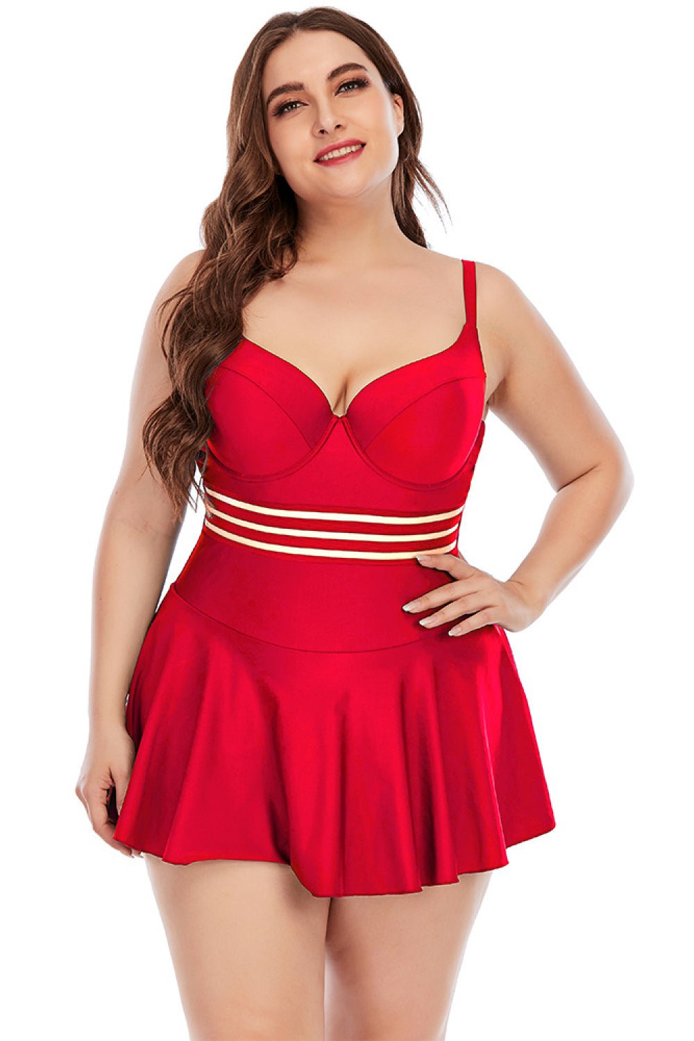 Elle Striped Sweetheart Neck Swim Dress Plus Size  Sunset and Swim Red L 