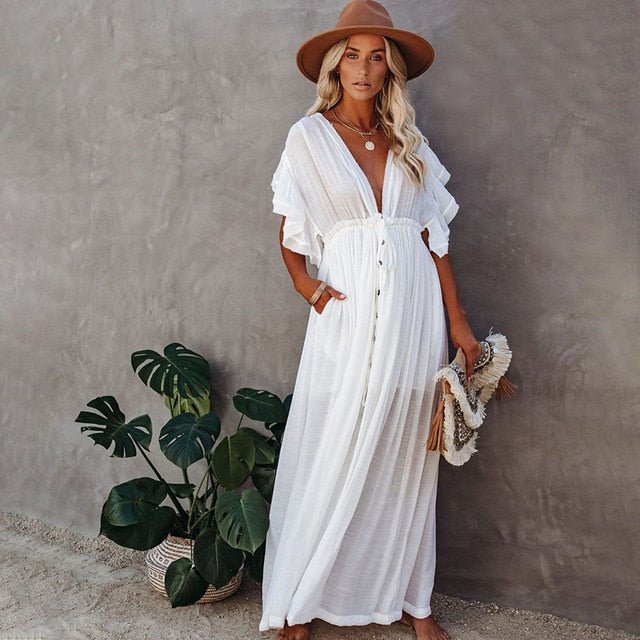 Elysa Beach Cover-up Long Tunic  Sunset and Swim White One Size 