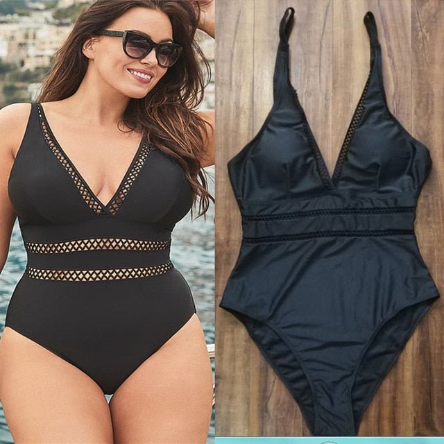Eva Plus Size Slimming Waist Design Swimsuit  Sunset and Swim black monokini XXXL 