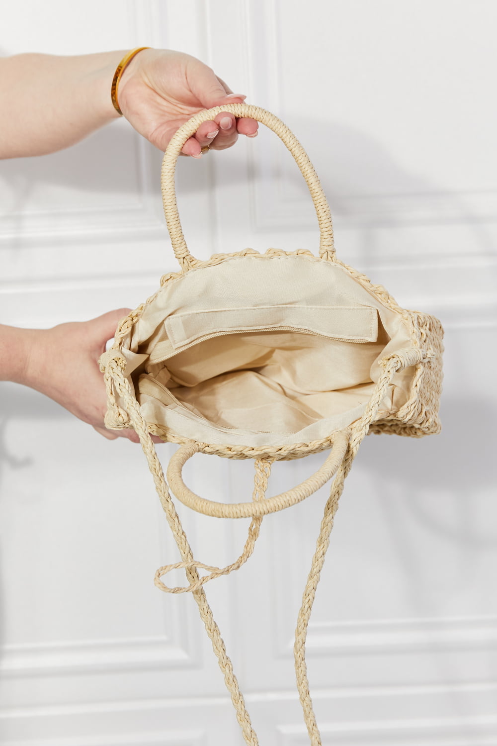 Justin Taylor Feeling Cute Rounded Rattan Handbag in Ivory  Sunset and Swim   