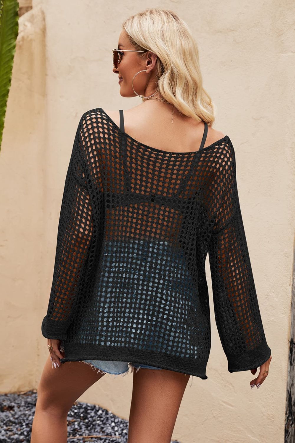 Openwork Round Neck Long Sleeve Cover Up  Sunset and Swim   