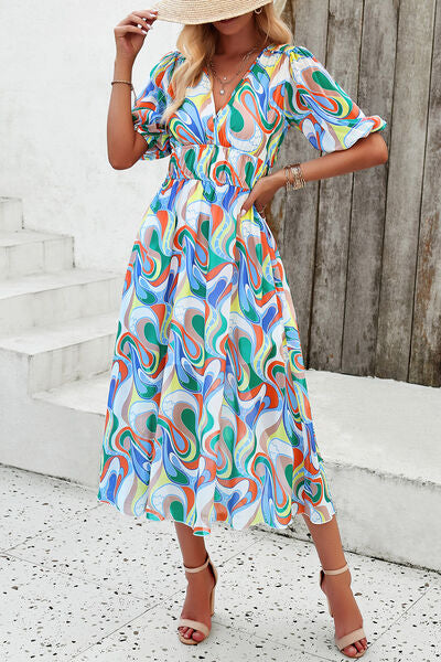 Smocked Printed V-Neck Short Sleeve Dress Sunset and Swim   