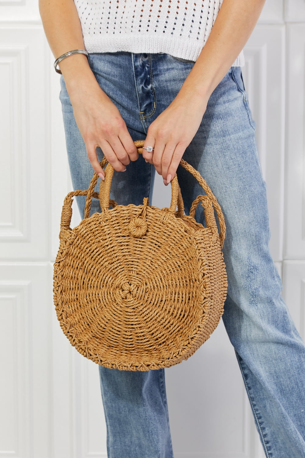 Justin Taylor Feeling Cute Rounded Rattan Handbag in Camel  Sunset and Swim   