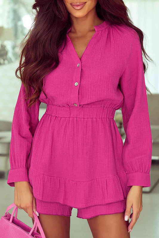 Buttoned Notched Neck Long Sleeve Romper  Sunset and Swim Deep Rose S 