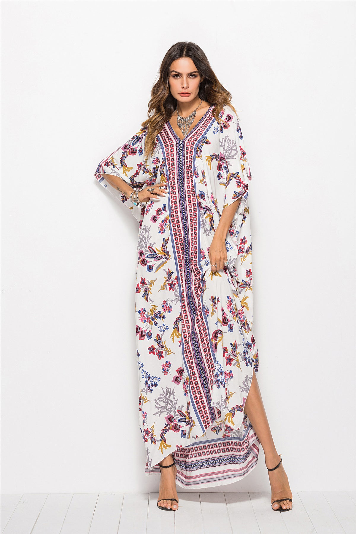 Floral V-Neck Dolman Sleeve swimsuit coverup Dress  Sunset and Swim Fuchsia One Size 
