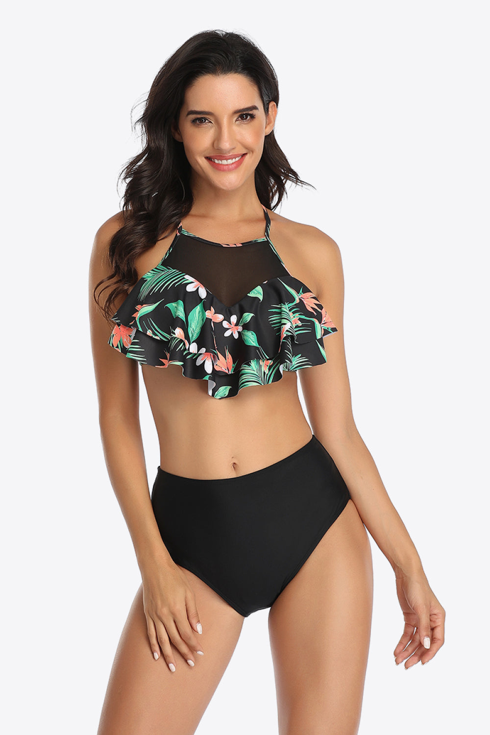 Tropical Print Ruffled Two-Piece Swimsuit Sunset and Swim Mid Green S 