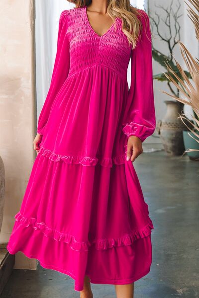 Frill V-Neck Balloon Sleeve Tiered Dress  Sunset and Swim Hot Pink S 