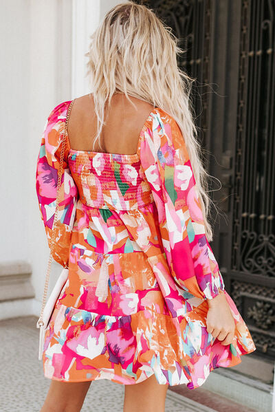 Sweetheart Neck Balloon Sleeve Tiered Mini Dress Sunset and Swim   