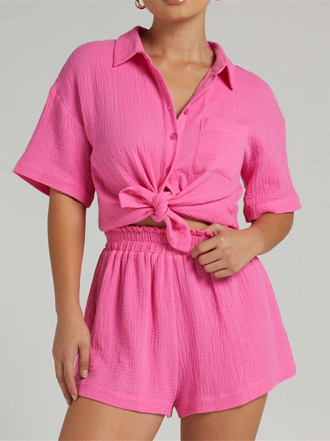 Sunset Vacation  Texture Button Up Shirt and Shorts Set Sunset and Swim Hot Pink S 