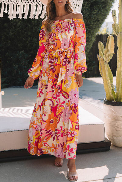 Printed Off-Shoulder Balloon Sleeve Maxi Dress Sunset and Swim Tangerine S 