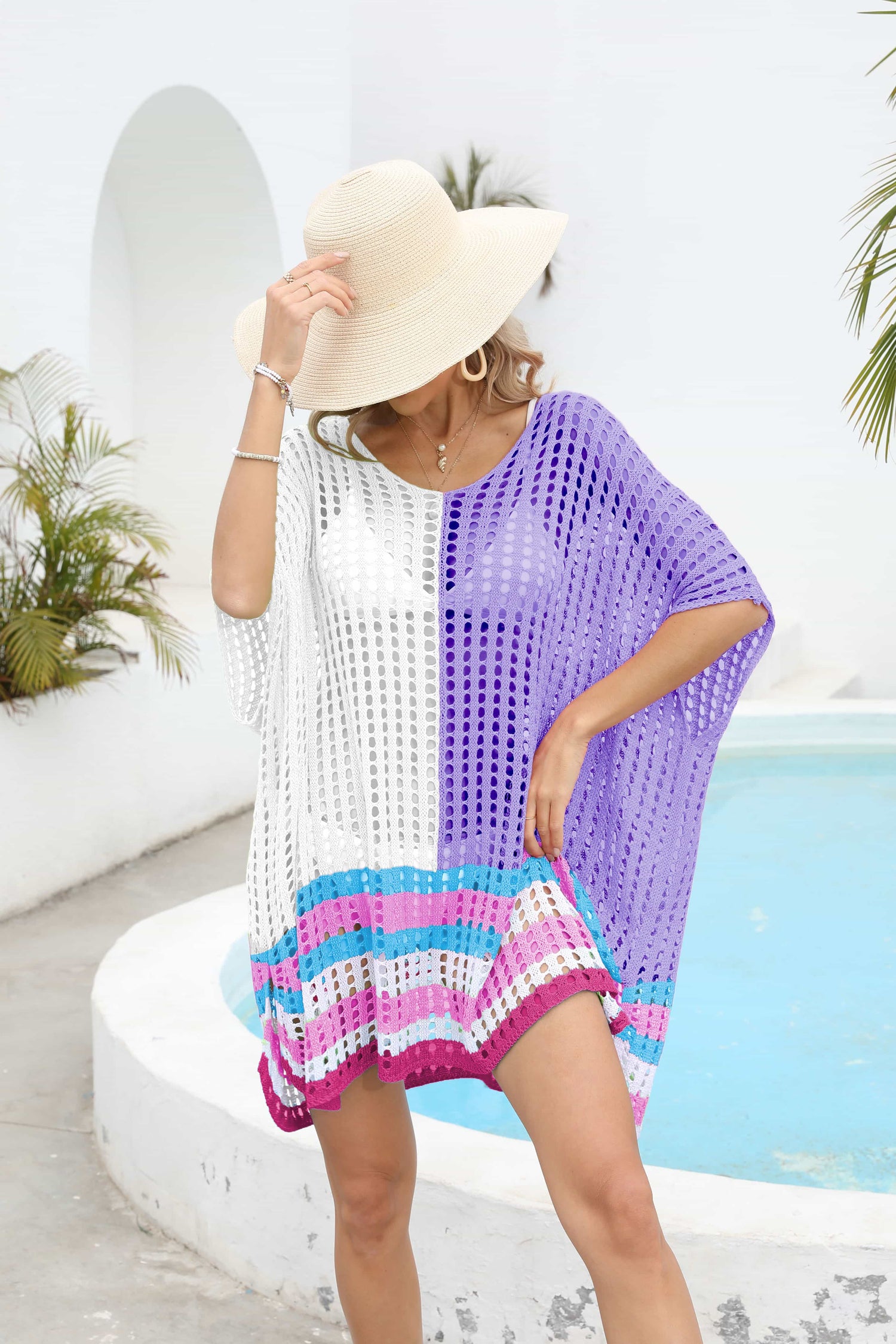 Sunset and Swim Contrast Scoop Neck Openwork Half Sleeve Swimsuit Coverup  Sunset and Swim Purple One Size 