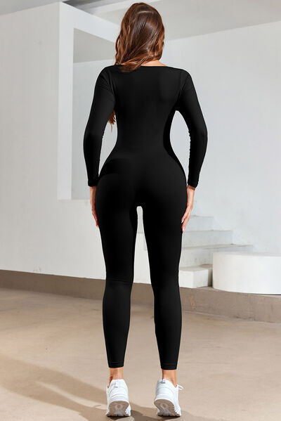Ruched Square Neck Long Sleeve Active Jumpsuit  Sunset and Swim   