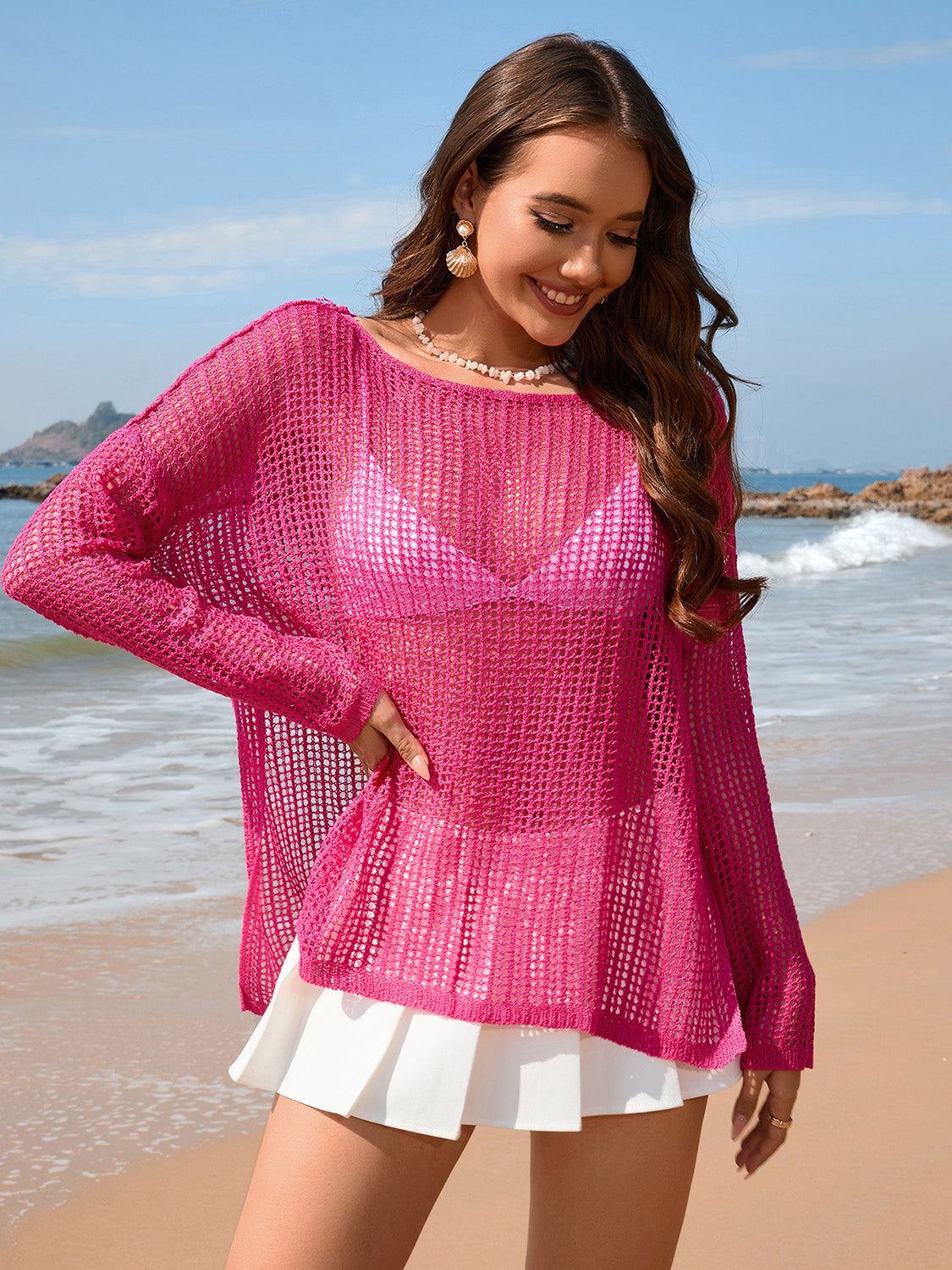 Sunset Vacation  Openwork Slit Boat Neck Long Sleeve Cover-Up  Sunset and Swim   