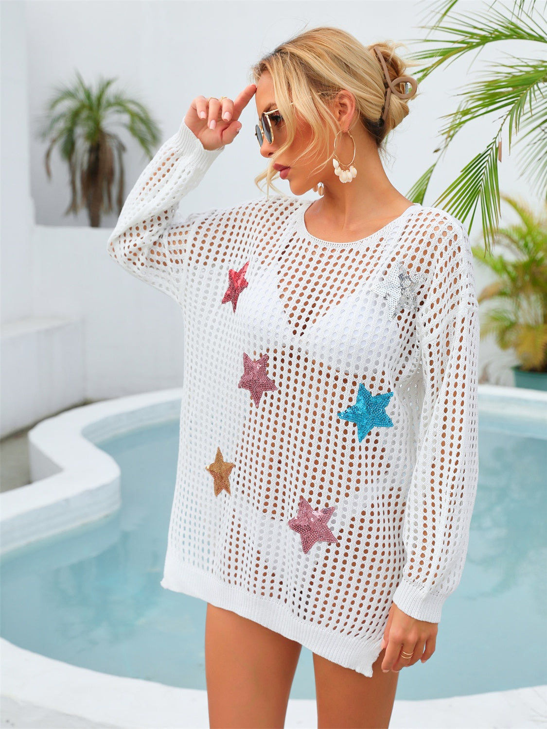 Sunset VCAY  Sequin Star Round Neck Long Sleeve Cover Up Sunset and Swim   