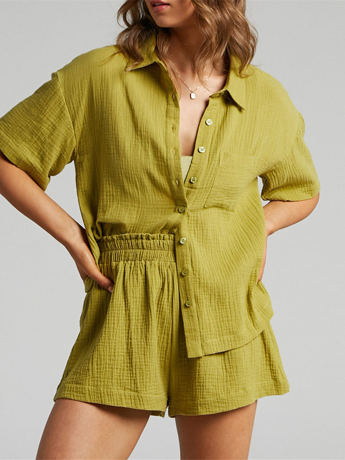 Sunset Vacation  Texture Button Up Shirt and Shorts Set Sunset and Swim Chartreuse S 